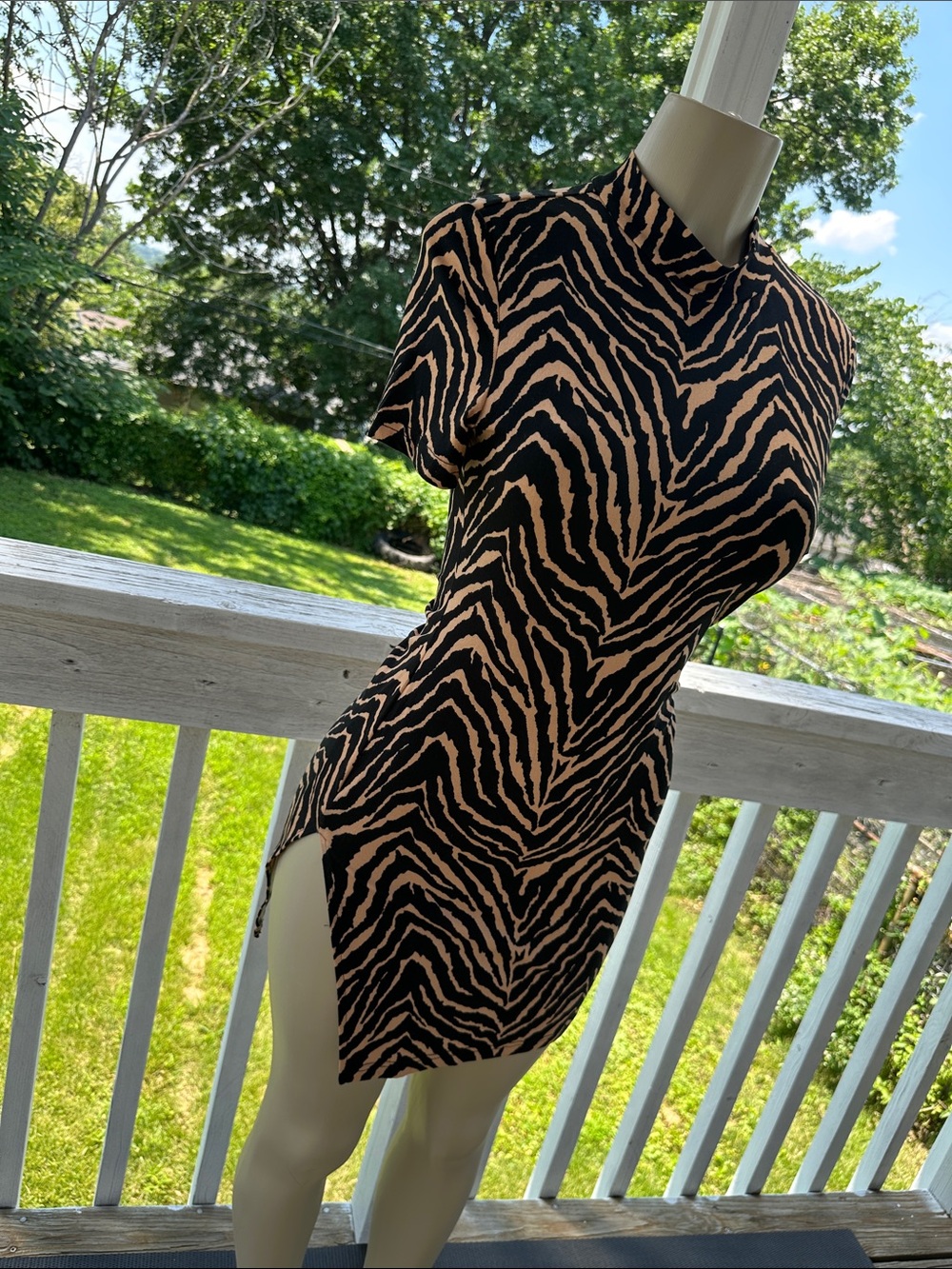 Zebra Print High-Neck Side Slit Mini Dress - Black & Tan